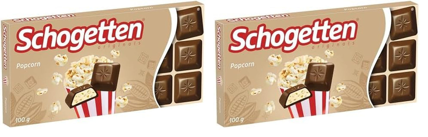 Schogetten popcorn 1 čokoláda x 100g, mléčná čokoláda s popcornem a kousky kukuřice, praktické jednotlivé kousky. Delikatesa. Kousek po kousku.