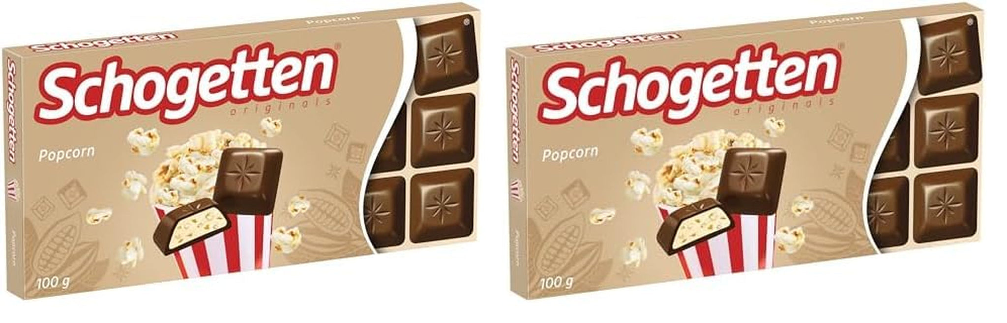 Schogetten popcorn 1 čokoláda x 100g, mléčná čokoláda s popcornem a kousky kukuřice, praktické jednotlivé kousky. Delikatesa. Kousek po kousku.