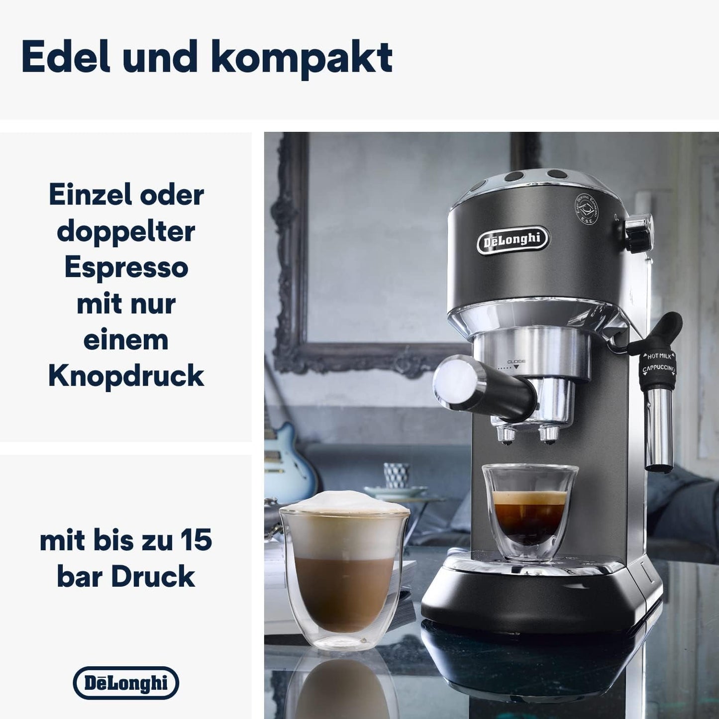 De'Longhi Dedica Style EC 685.B – Espresso kávovar s portafiltrem, espresso kávovar s profesionálním napěňovačem mléka, šířka pouze 15 cm, na mletou kávu nebo kapsle ESE, nádrž na vodu 1 l, černá