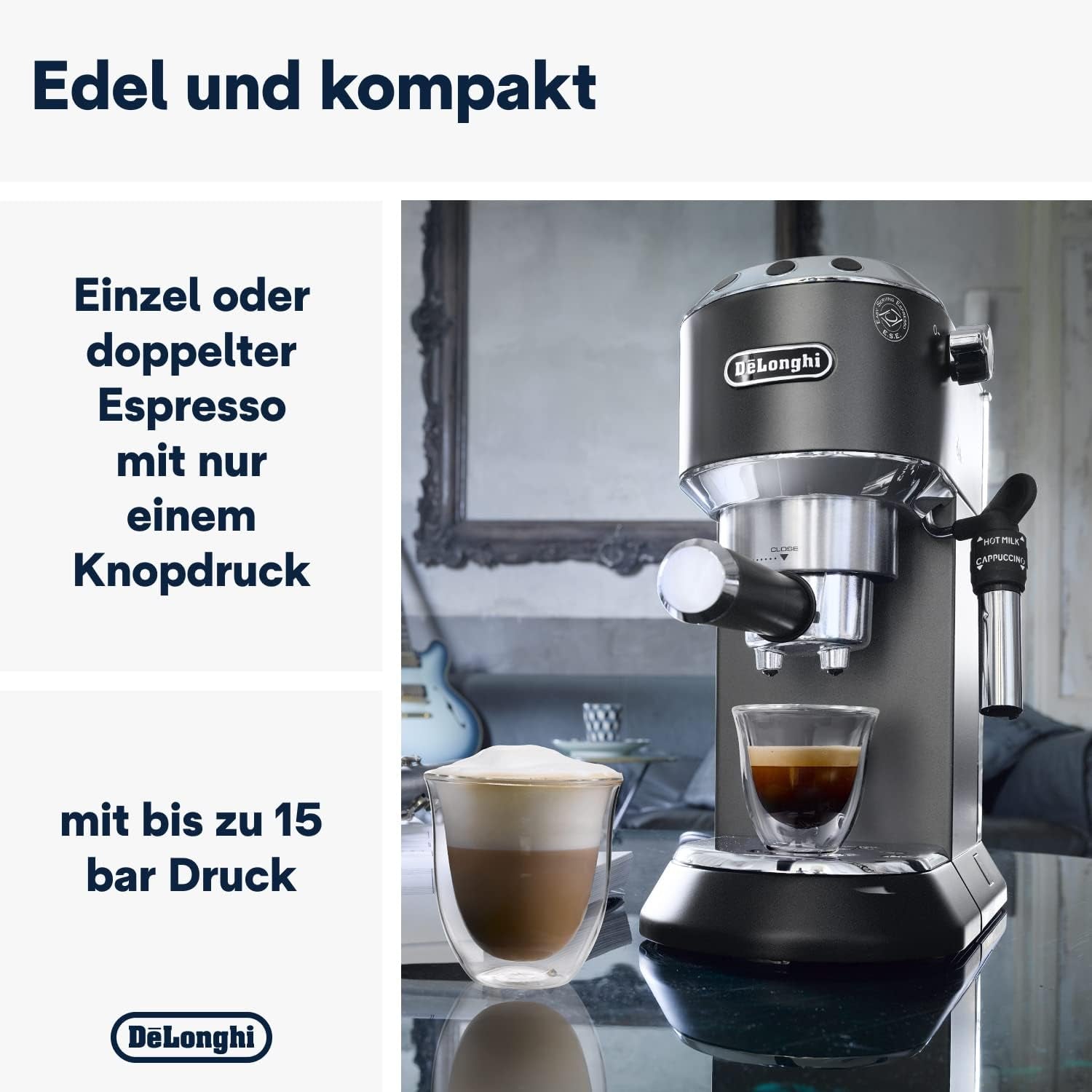 De'Longhi Dedica Style EC 685.B – Espresso kávovar s portafiltrem, espresso kávovar s profesionálním napěňovačem mléka, šířka pouze 15 cm, na mletou kávu nebo kapsle ESE, nádrž na vodu 1 l, černá