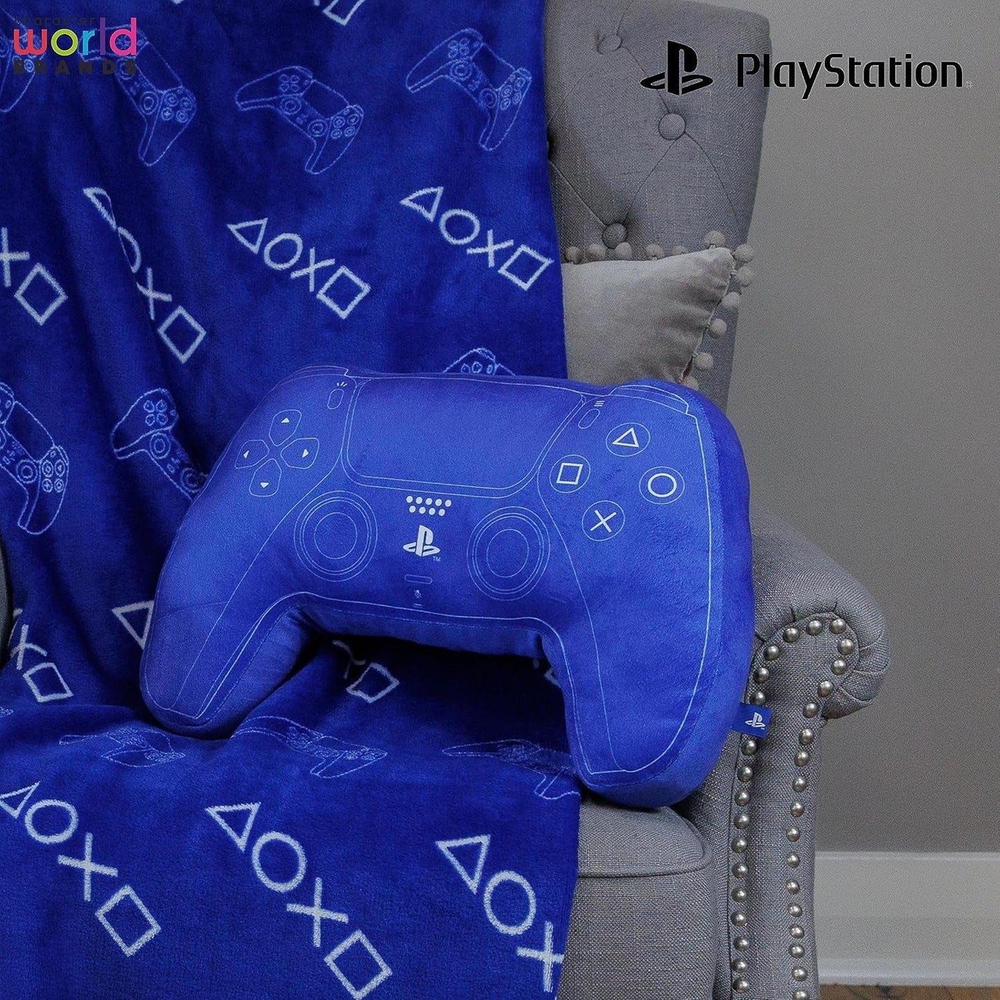 Svět postav: Oficiálně licencovaný polštář ve tvaru ovladače Playstation, design sluchátka, vycpaný plyšový polštář | Modré standardní polštáře Naty Shop, ideální do ložnice nebo na hraní