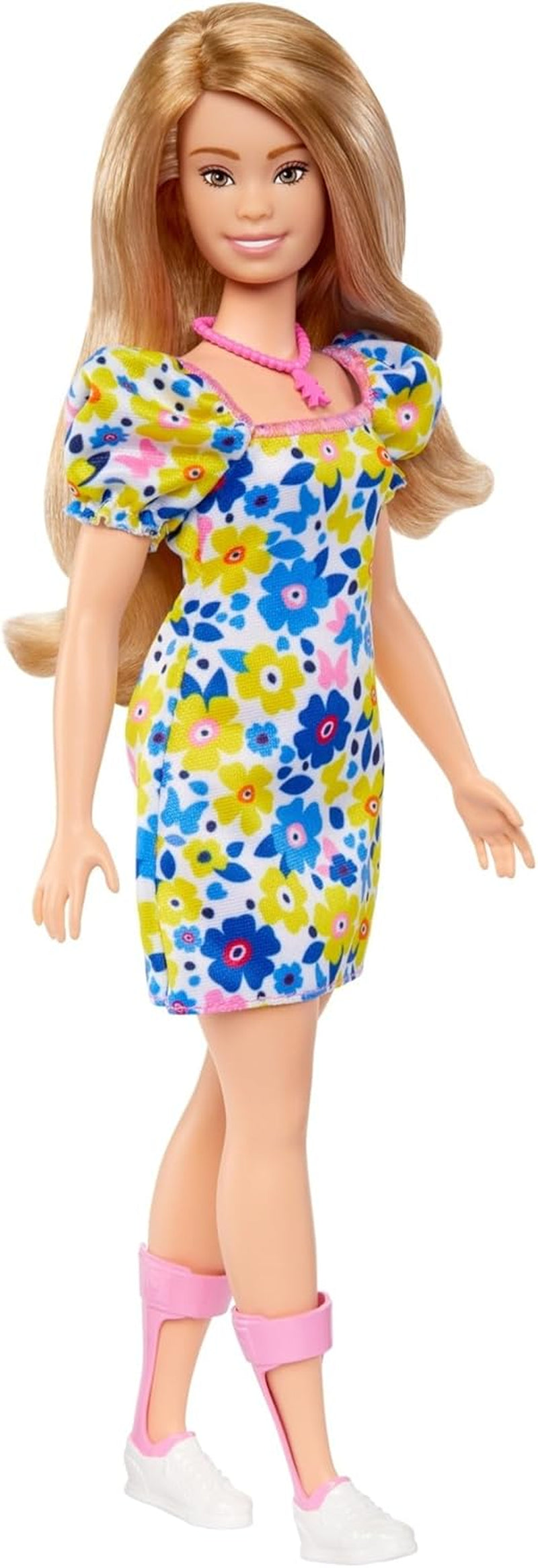 Barbie Fashionistas – vyvinuto v rámci National Down Syndrome Society, blond vlasy a trendy outfit s květinovými šaty a bílými teniskami, pro děti od 3 let, HJT05 Naty Shop Dolls Výchozí název