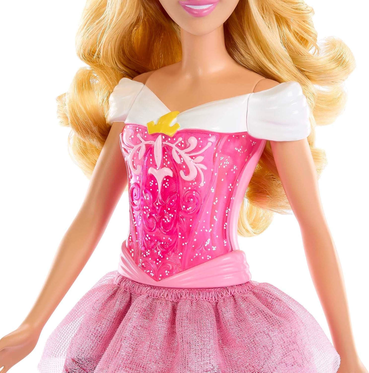 Mattel DISNEY Princess Aurora – panenka s ikonickým outfitem, odnímatelné boty a diadém, třpytivý top a odepínatelná vzorovaná sukně, dlouhé vlasy pro styling, HLW09