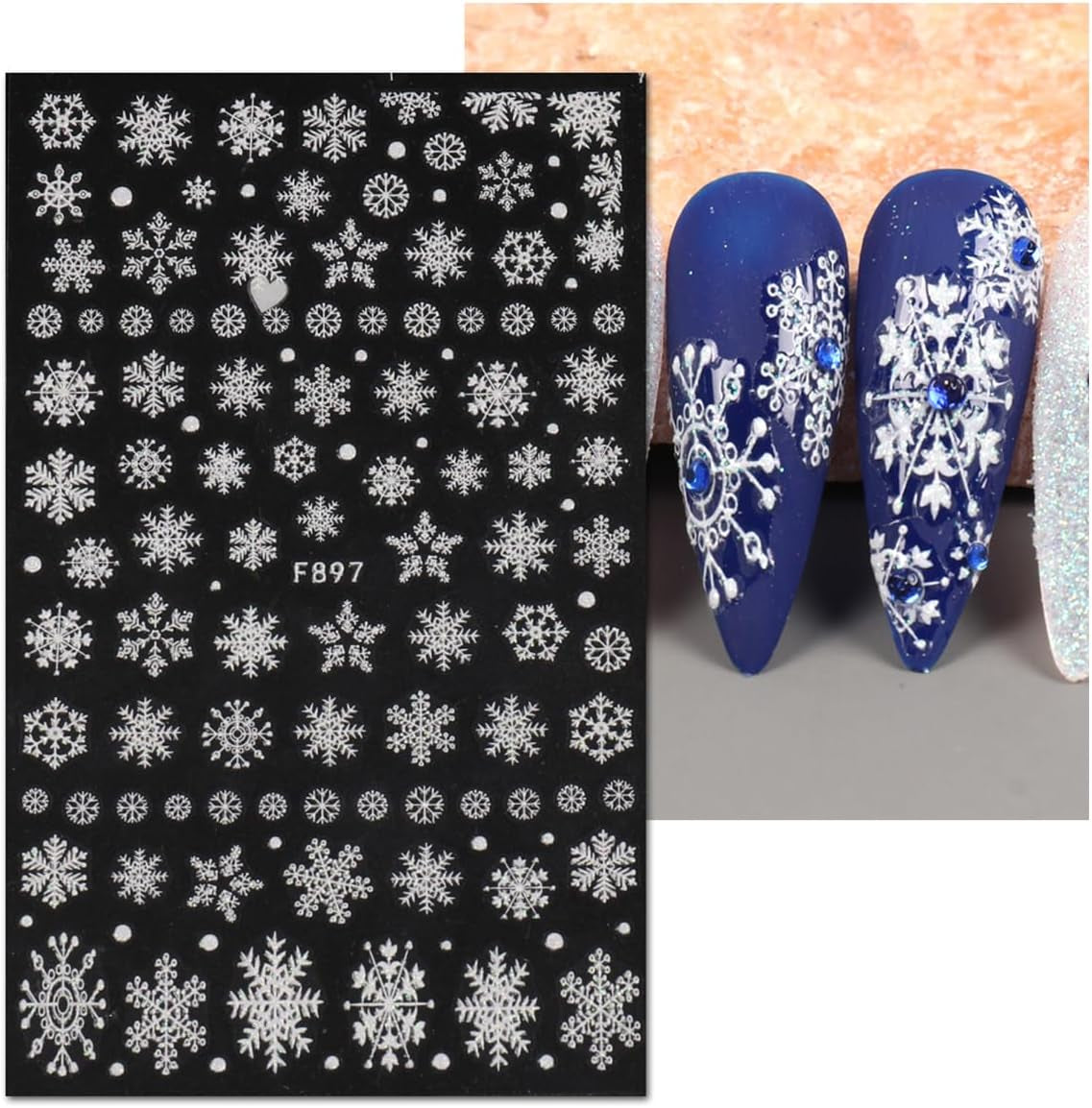 JMEOWIO Nálepka na nehty Weihnachten Weiß Glitter 8 Blatt Nálepka na nehty Selbtklebend Nagelaufkleber Schneeflocke Zimní dovolená Dekorace Nageldesign Zubehör