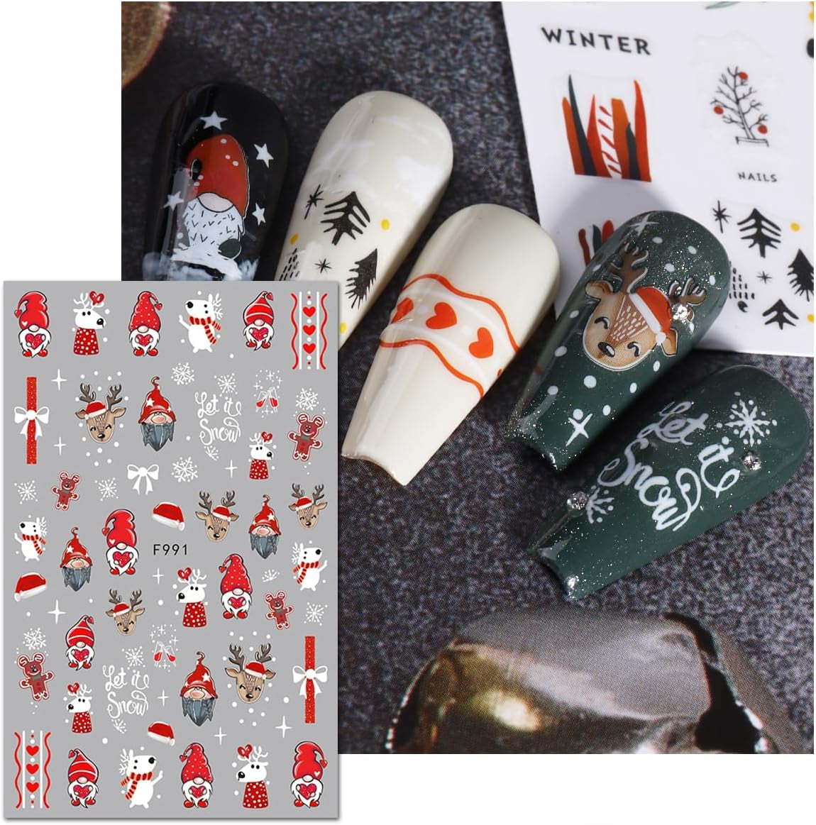 JMEOWIO Nagelsticker Weihnachten 10 Blatt Nail Art Sticker Selbtklebend Nagelaufkleber Schneeflocke Winter Urlaub Süß Dekoration Nageldesign Zubehör