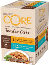 Wellness CORE Tender Cuts 6 x 85g, Chicken Selection Mix - Mokré krmivo pro kočky, jemné kousky v omáčce, bez obilovin, přírodní, hypoalergenní, bohaté na bílkoviny, vysoký obsah masa