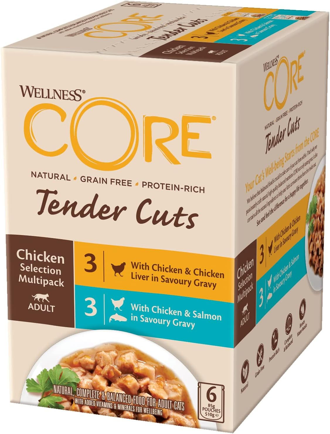 Wellness CORE Tender Cuts 6 x 85g, Chicken Selection Mix - Mokré krmivo pro kočky, jemné kousky v omáčce, bez obilovin, přírodní, hypoalergenní, bohaté na bílkoviny, vysoký obsah masa