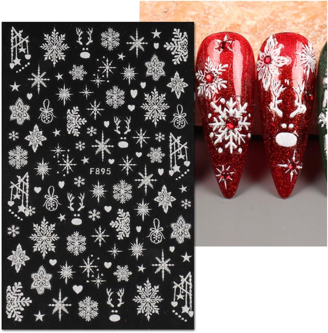 JMEOWIO Nálepka na nehty Weihnachten Weiß Glitter 8 Blatt Nálepka na nehty Selbtklebend Nagelaufkleber Schneeflocke Zimní dovolená Dekorace Nageldesign Zubehör