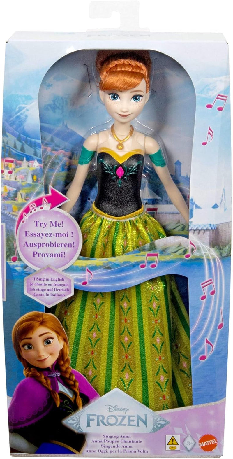 Mattel Toys Disney Frozen Anna zpívající módní panenka v ikonickém oblečení zpívá „Poprvé“ z filmu Disney v angličtině, francouzštině, němčině, italštině, JDL59