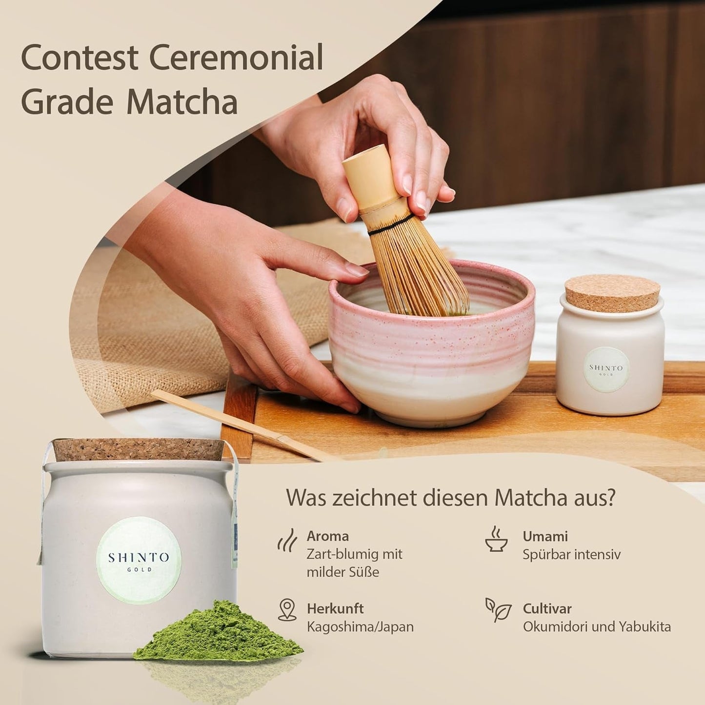 Šintoismus - "Zlatý" organický čaj Matcha - Ceremoniální prášek ze zeleného čaje - Certifikace JAS & EU BIO - Stínovaný a ručně sbíraný - Přímý dovoz z Uji, Japonsko - 30 g