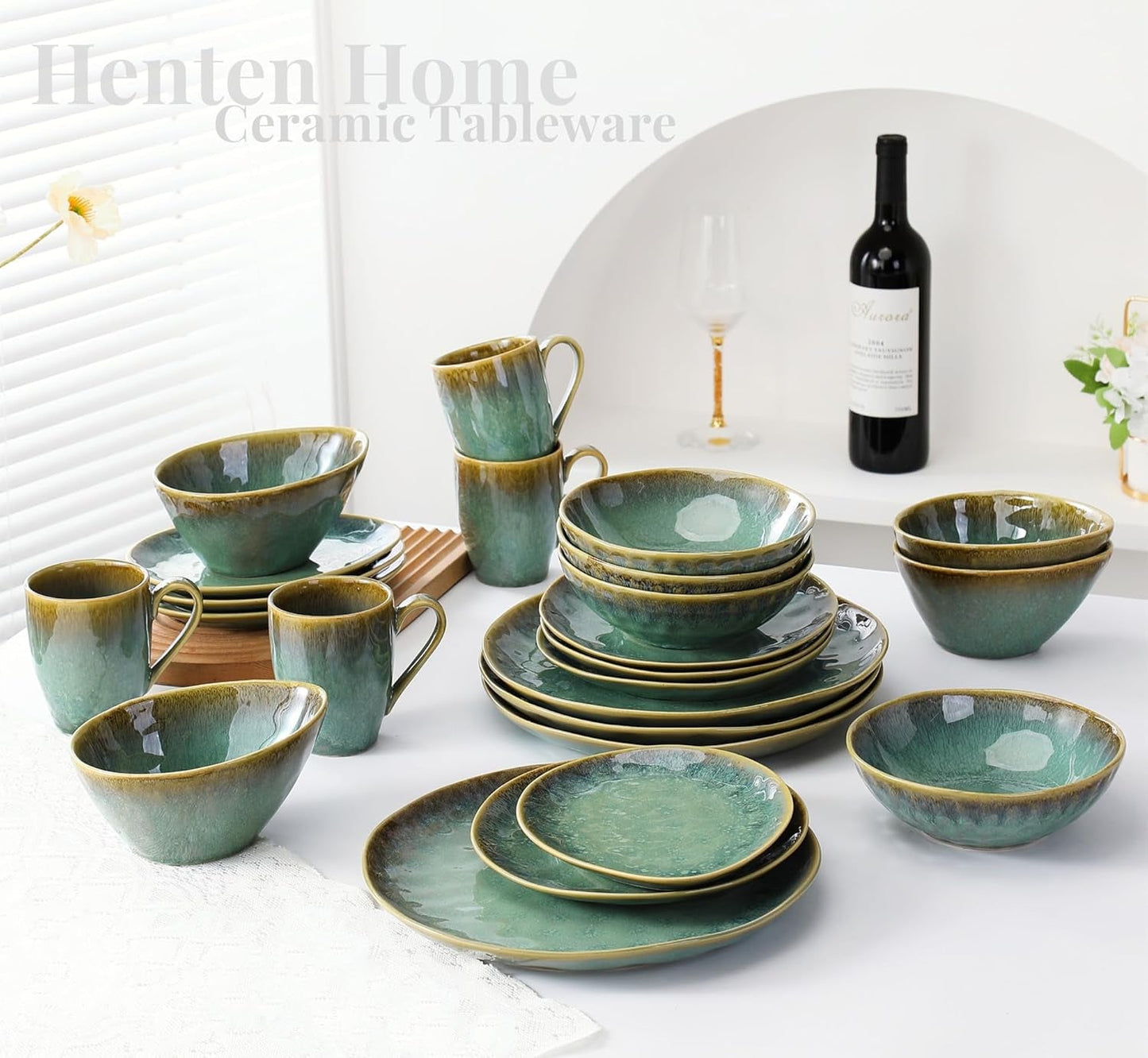 Henten Home Special kameninové talíře, misky na svačinu a omáčku - 20x17cm pro 4 osoby, porcelánové snídaňové talíře - moderní zelený design