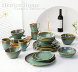 Henten Home Special kameninové talíře, misky na svačinu a omáčku - 20x17cm pro 4 osoby, porcelánové snídaňové talíře - moderní zelený design