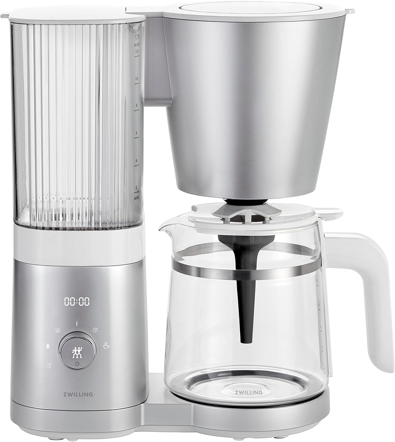 Espresso kávovar ZWILLING ENFINIGY s filtrem se skleněnou karafou o objemu 1,5 l, espresso kávovar s nerezovým bojlerem, funkcí kvetení a inteligentním odstraňováním vodního kamene, plast, stříbrná