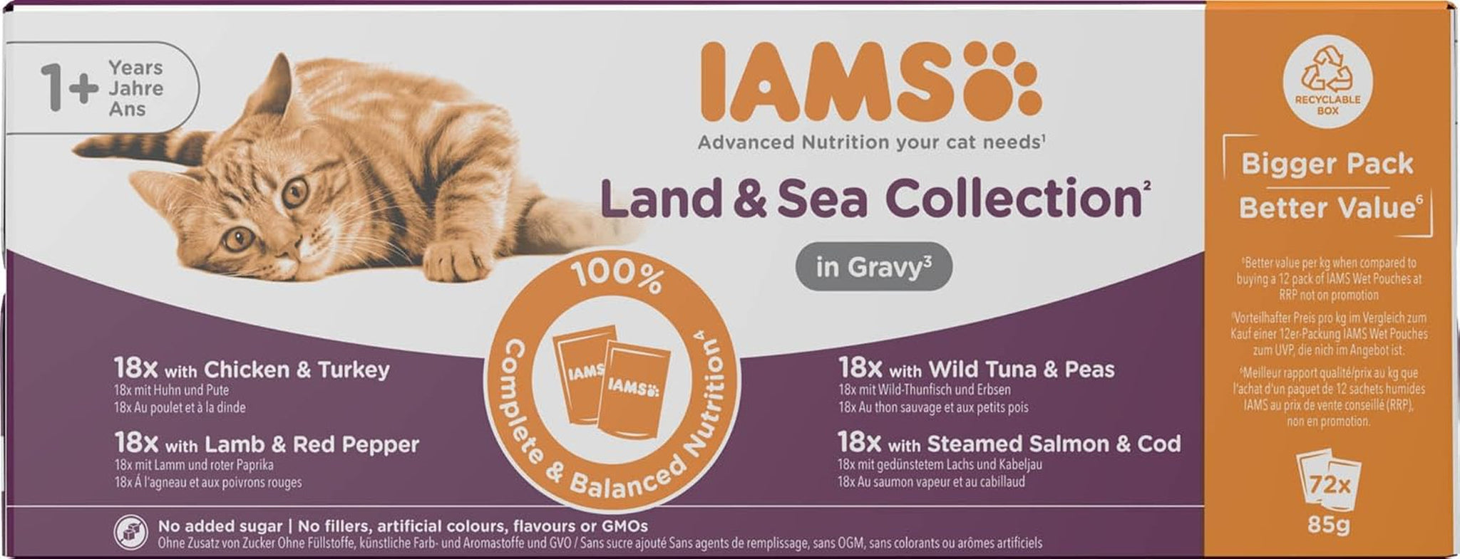 IAMS Delights Land & Sea Collection Mokré krmivo pro kočky - Sortiment masa a ryb Multipack v omáčce, mokré krmivo pro kočky od 1 roku, 72 x 85 g