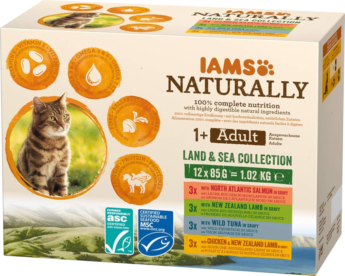 IAMS Natural Mokré krmivo pro kočky v omáčce - Vysoce kvalitní mokré krmivo pro maso a ryby pro dospělé kočky, Land & Sea Collection, 12 x 85 g