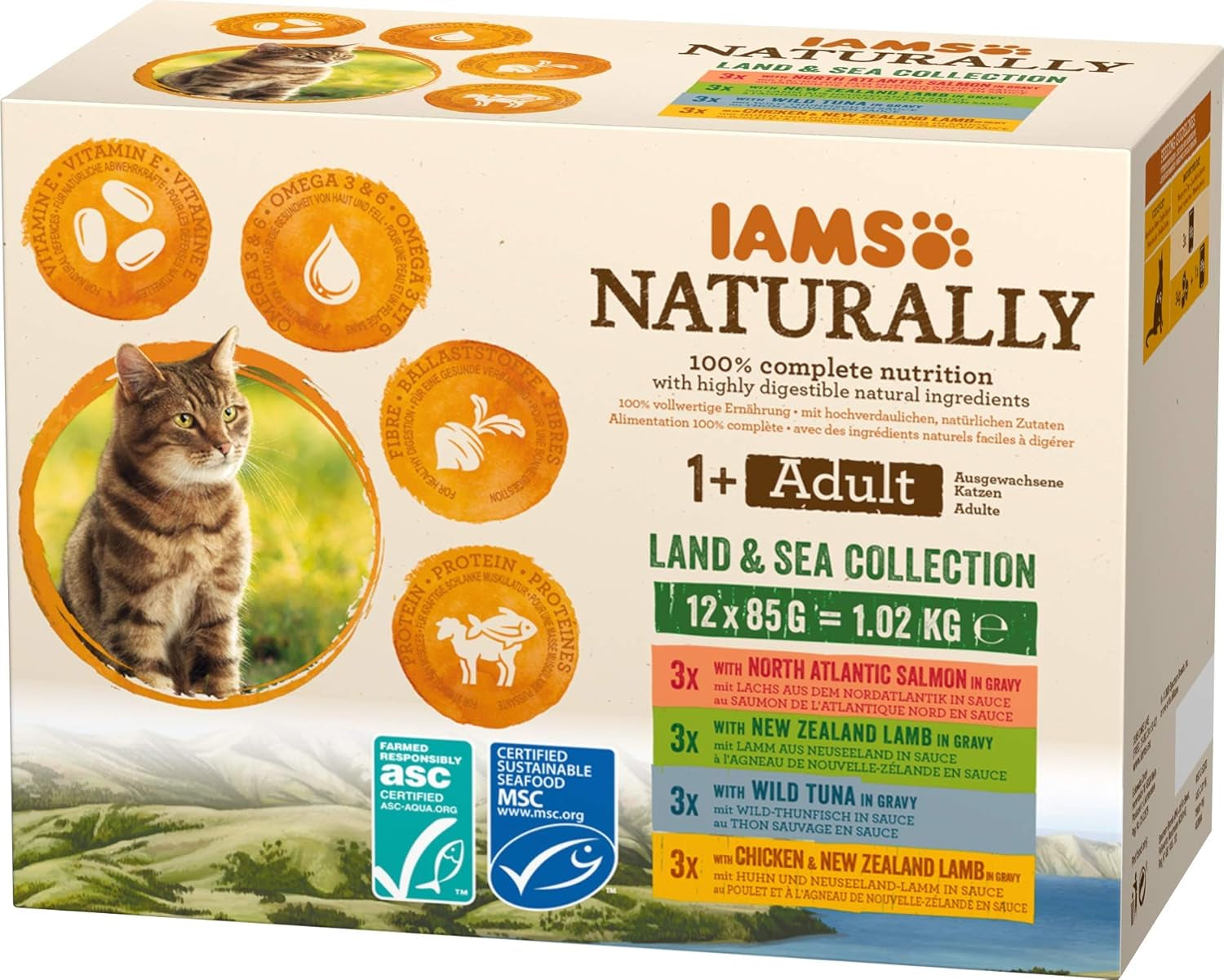 IAMS Natural Mokré krmivo pro kočky v omáčce - Vysoce kvalitní mokré krmivo pro maso a ryby pro dospělé kočky, Land & Sea Collection, 12 x 85 g
