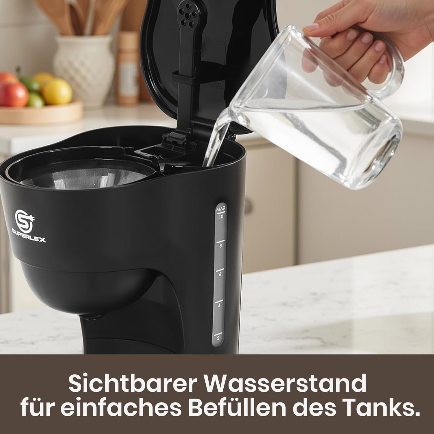Filtrační kávovar 1,25 l na 10 šálků filtrované kávy, skleněná karafa vhodná do myčky, termoska, systém proti odkapávání, automatické vypínání, 600 W, ochrana proti varu bez vody pro domácnost a kancelář