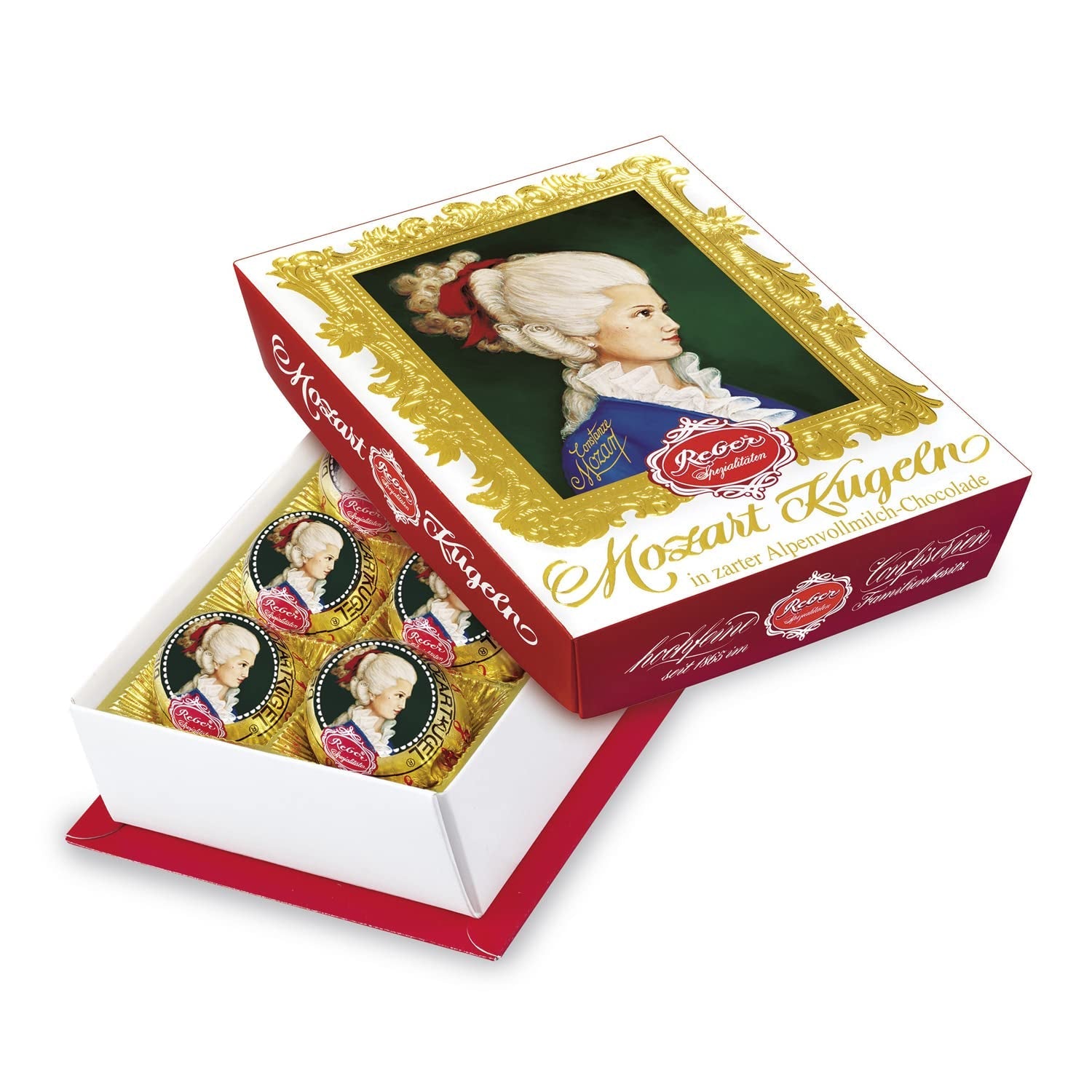 Reber Mozart kuličky s hořkou čokoládou, balení 6 ks s marcipánem a nugátem, veganské - 1 x 120 g