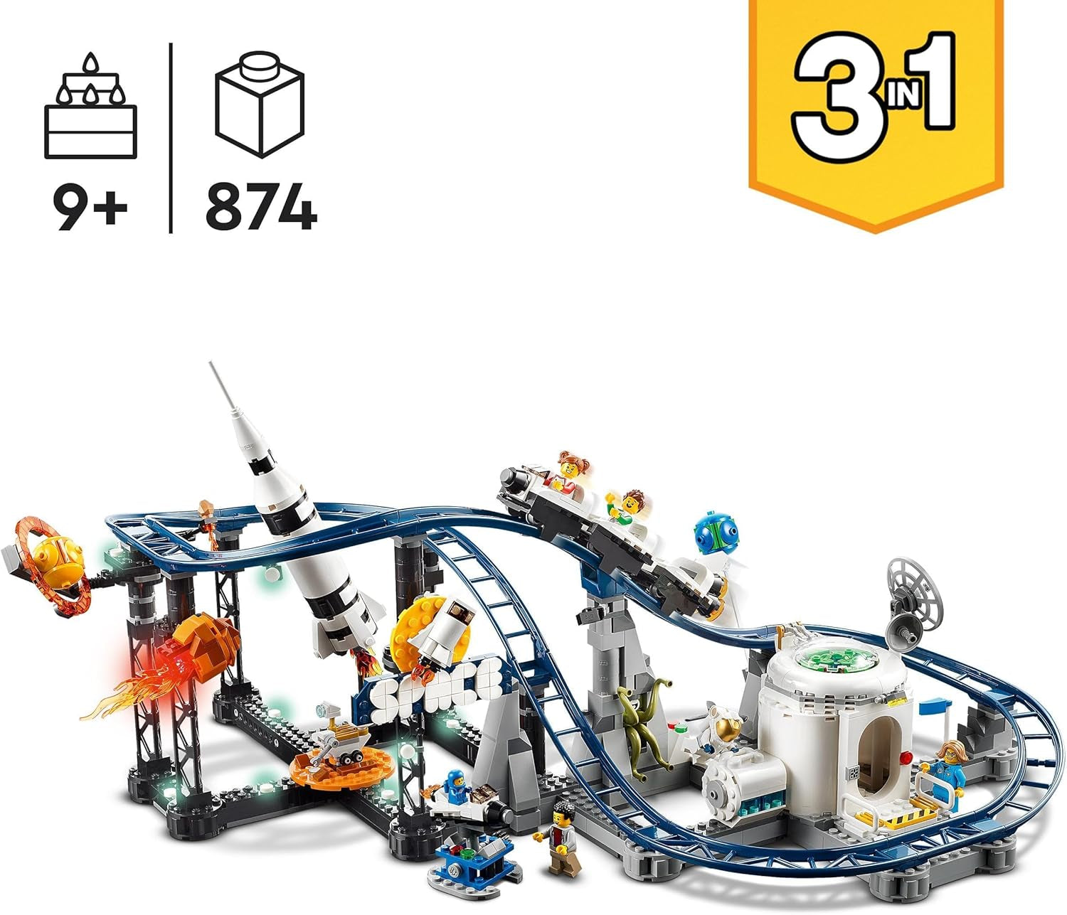 Stavebnice LEGO 31142 Creator 3 v 1 Vesmírná horská dráha pro děti s funkčními vozíky, přestavbami na věž s volným pádem nebo kolotočem s raketami a svítícími kostkami Stavebnice Besuche den LEGO-Store