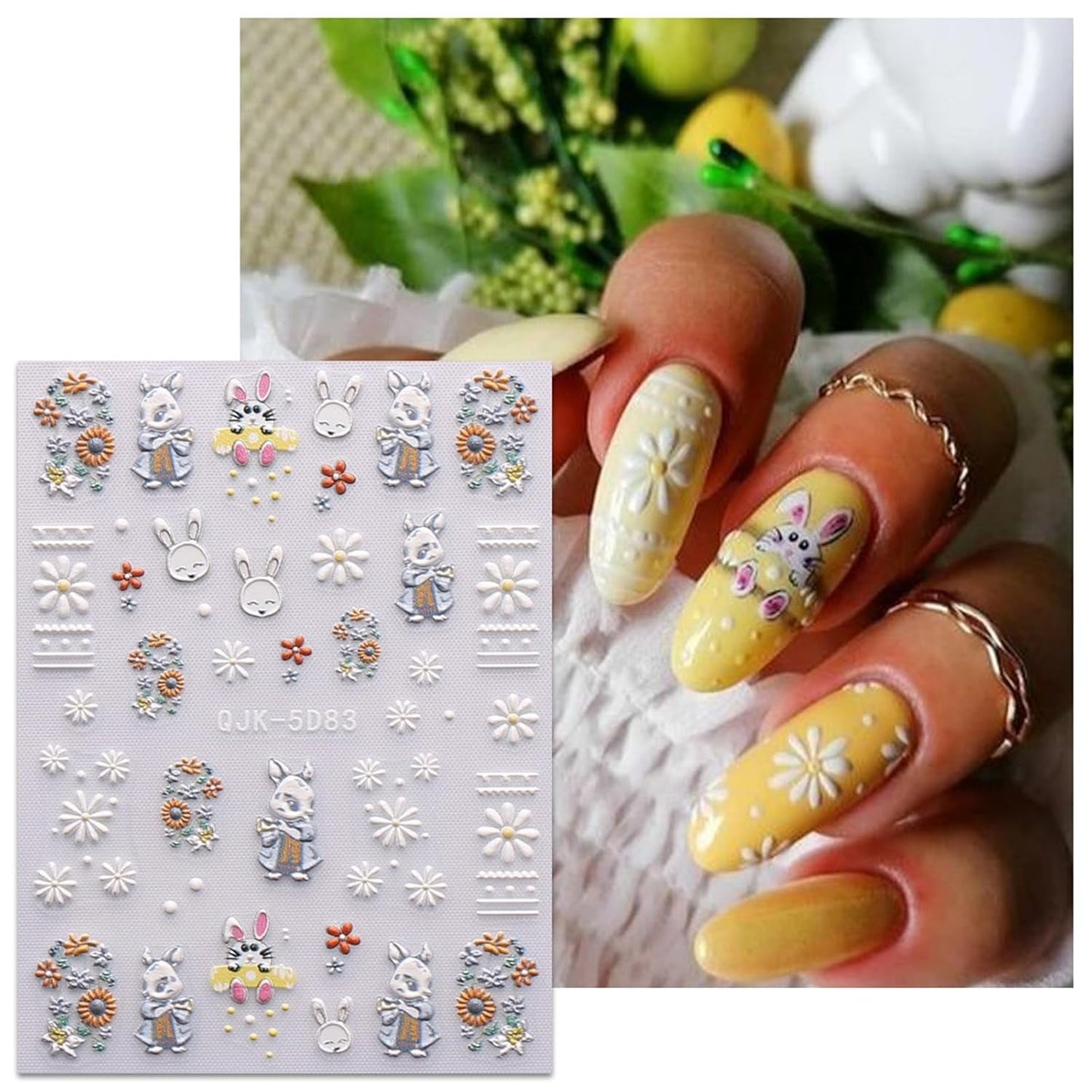 JMEOWIO 6 Blatt 3D Nálepka na nehty Ostern Nail Art Nálepka Selbstklebend Nagelaufkleber 5D Stereoskopisch Süßer Hase Ei Dekoration Nageldesign Zubehör