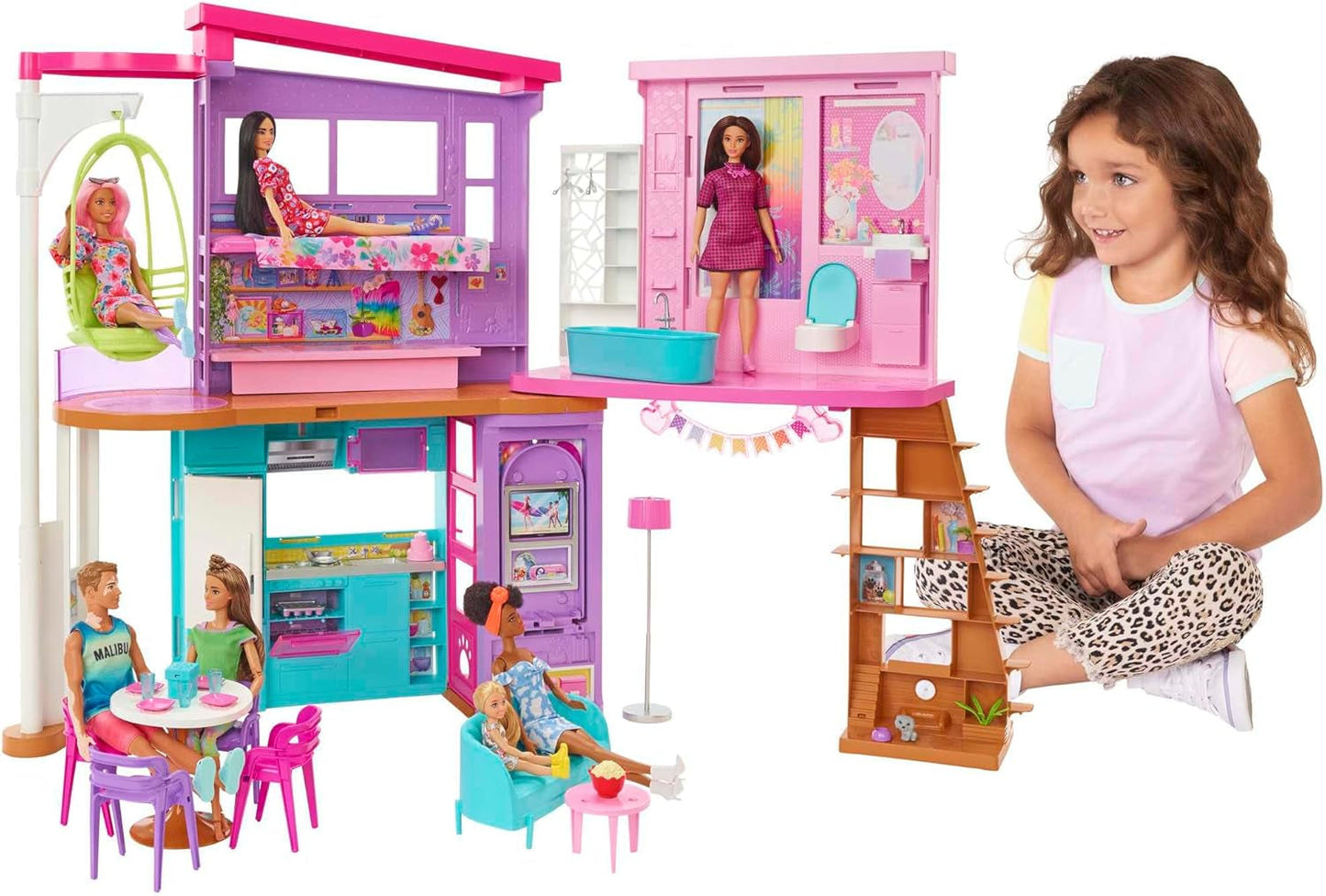 Prázdninový dům Barbie (116 x 77,9 cm), 6místný domeček na hraní, kompletně zařízený s příslušenstvím, nábytkem a výtahem, skládací a úložný, panenka, dárek pro děti od 3 let, HCD50