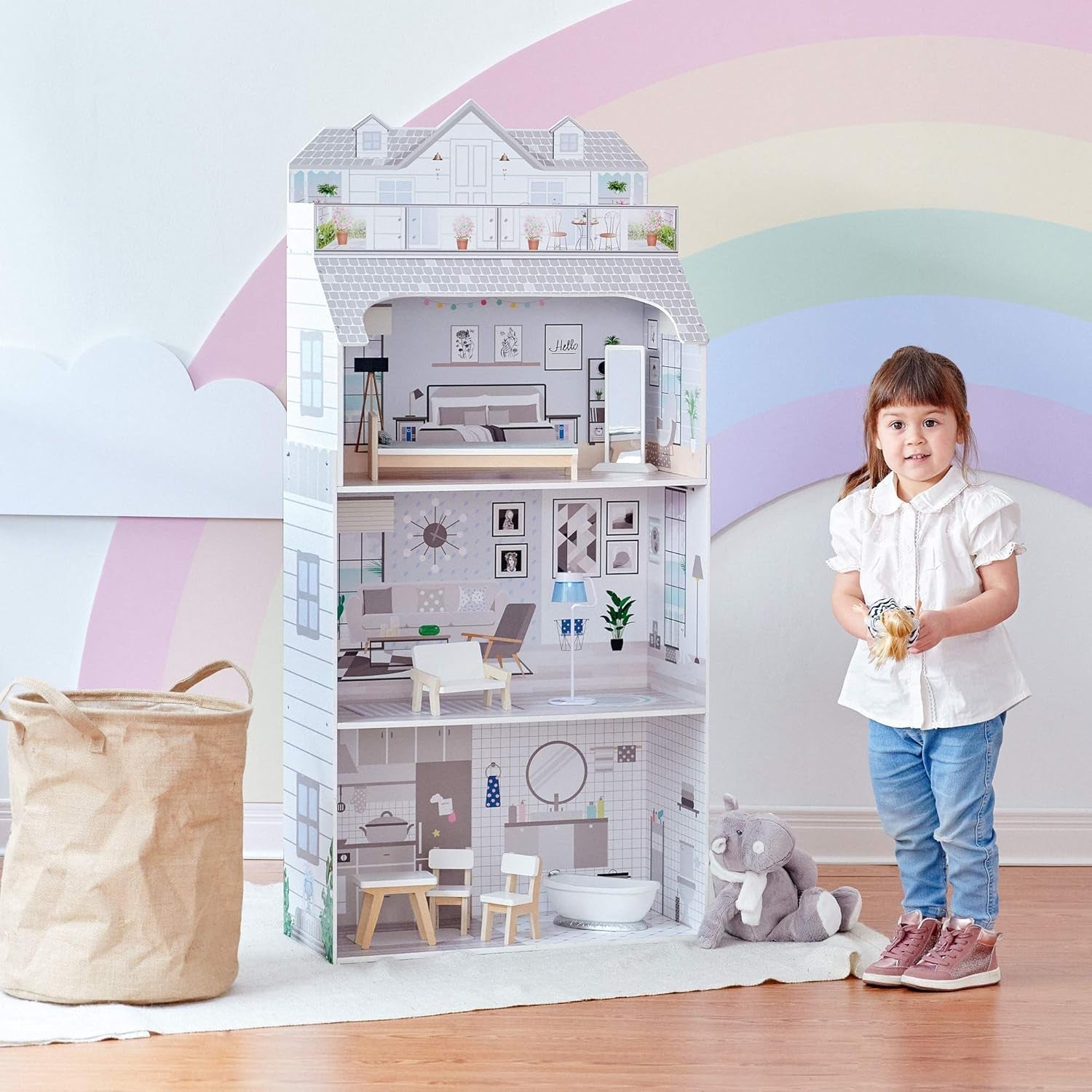 Obří domeček pro panenky Teamson Kids Olivia's Little World s nábytkem a doplňky, dřevěný domeček pro panenky, 3patrová herní sada pro panenky 30 cm, věk 3+