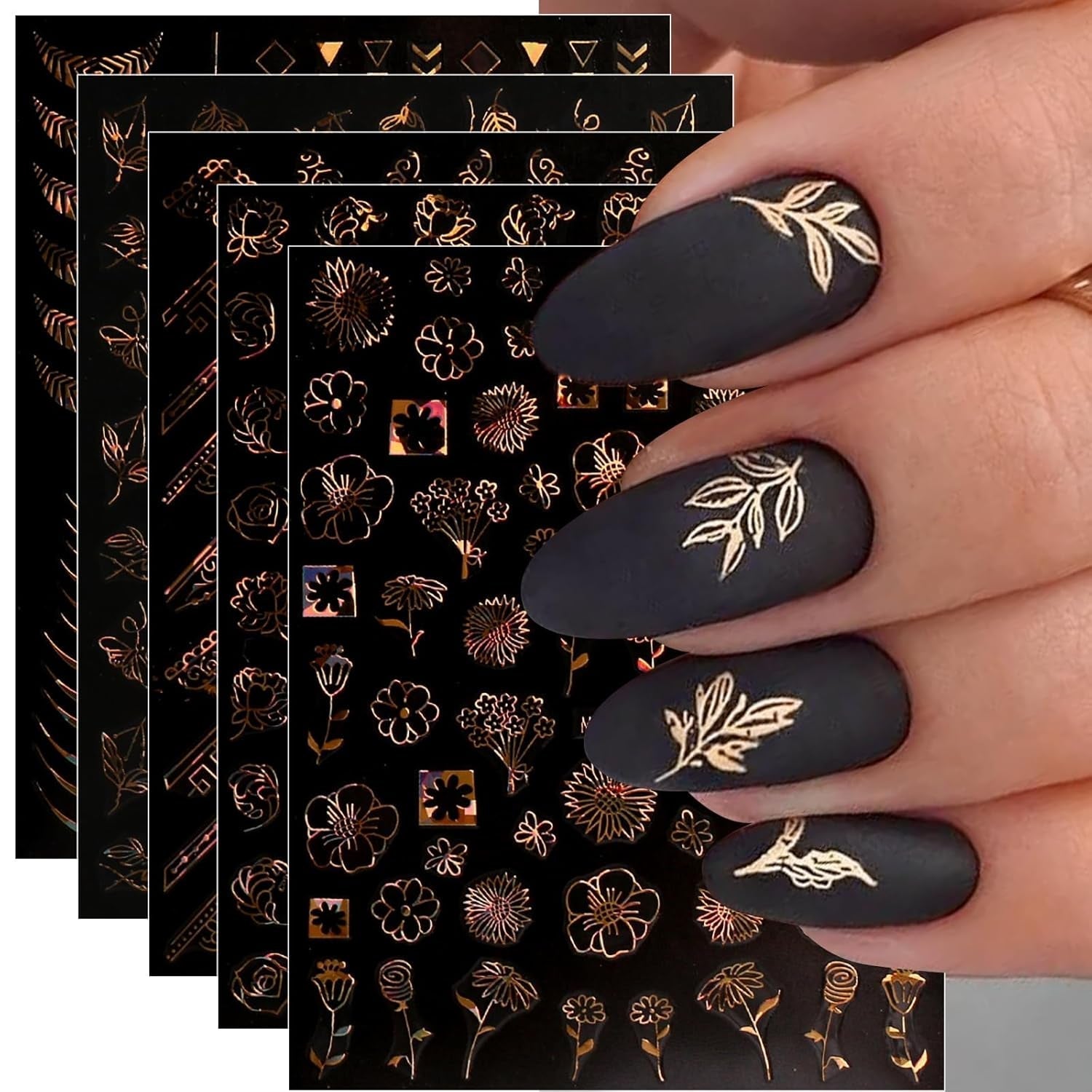 JMEOWIO Nálepka na nehty Frühling Blume 12 Blatt Nálepka na nehty Selbtklebend Nagelaufkleber Sommer Blumen Zlatá dekorace Nageldesign Zubehör