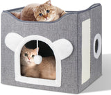 Katzenbetten für Indoor Katzen, Faltbares Katzenhaus, Katzenhöhle 2 Schicht Würfel Großer Raum Katzenbett mit Kratzbrett und Spielball, 15,8 x 15,8 x 15 palců
