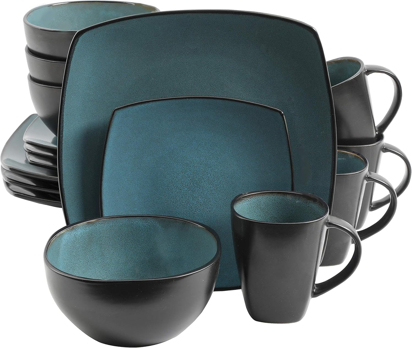 Gibson 99813.16R Elite Soho Lounge Reactive Glaze Sada jídelního nádobí pro 4 osoby, 16dílná, modro-zelený/černý dvoutónový efekt