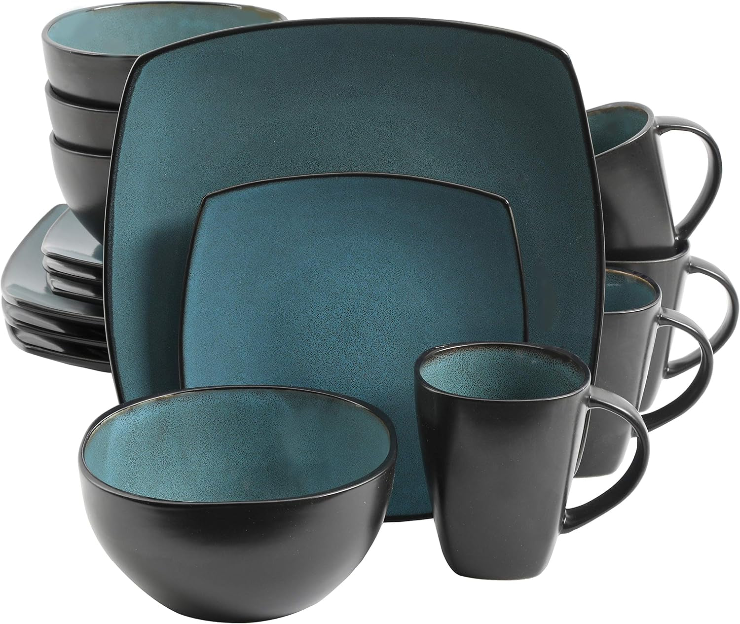 Gibson 99813.16R Elite Soho Lounge Reactive Glaze Sada jídelního nádobí pro 4 osoby, 16dílná, modro-zelený/černý dvoutónový efekt