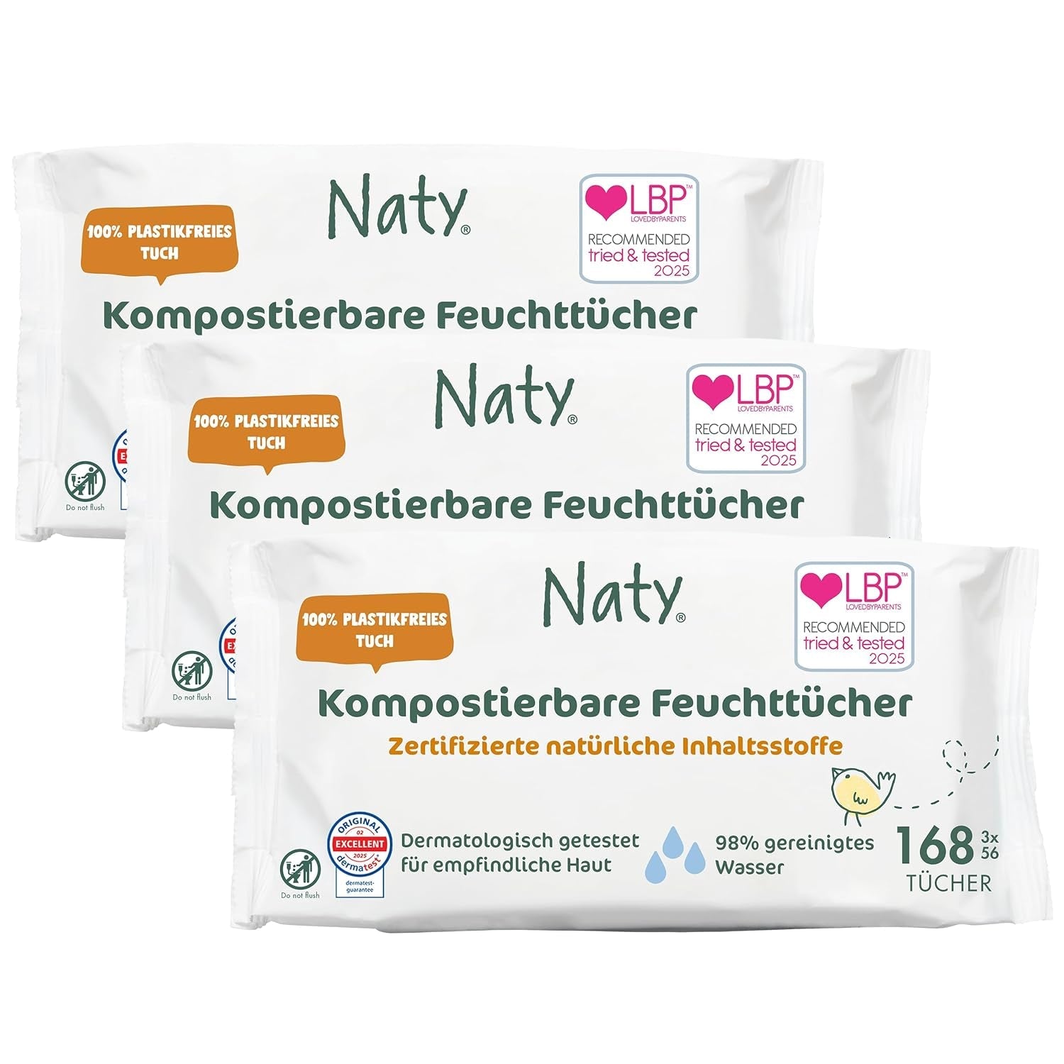 Dětské ubrousky Naty | 100% bylinný a bez parfemace pro citlivou pokožku | Bezplastové a certifikované kompostovatelné ubrousky s 98% čištěnou vodou | 672 ubrousků (12 balení)
