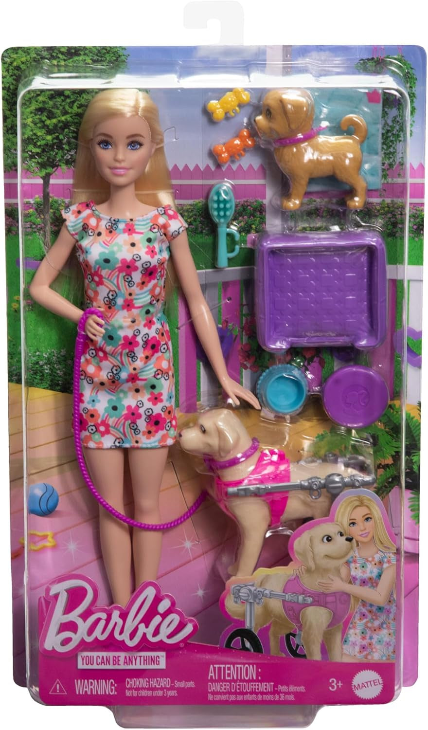 Panenka Barbie Dog Duo a doplňky, včetně štěněte a velkého psa s invalidním vozíkem, vodítkem, miskou na jídlo, pelíškem a kostmi, pro děti od 3 let, HTK37