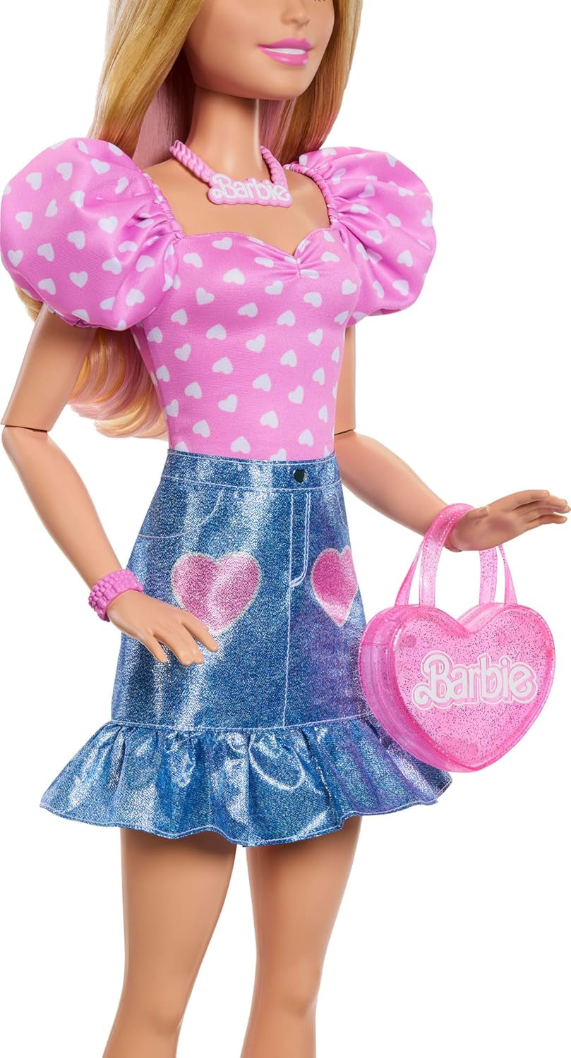 Módní panenka Barbie 71cm blondýnka s odepínacím oblečením Růžová top džínová sukně Kovbojské boty náhrdelník a kabelka HYT84