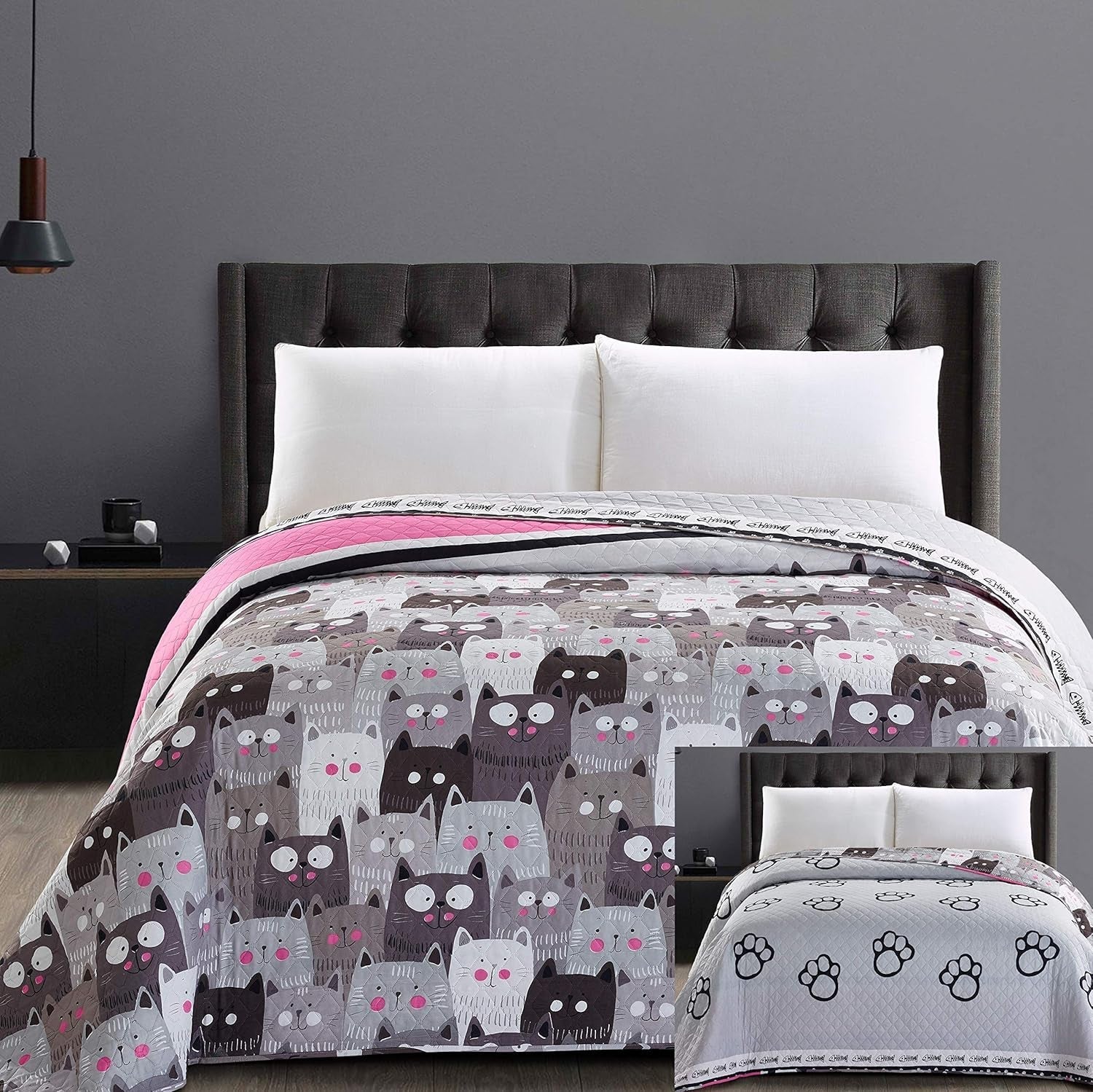 Decoking 32350 Přehoz na postel 220X240 Cm Oboustranný přehoz z mikrovlákna snadná údržba Béžová Světle hnědá Kakaová hnědá Šedá Ocel Antracit Grafit Černá Bílá Růžová Kočky Invaze koček Postele a přikrývky Beuche den DecoKing-Store 220X240 Cm