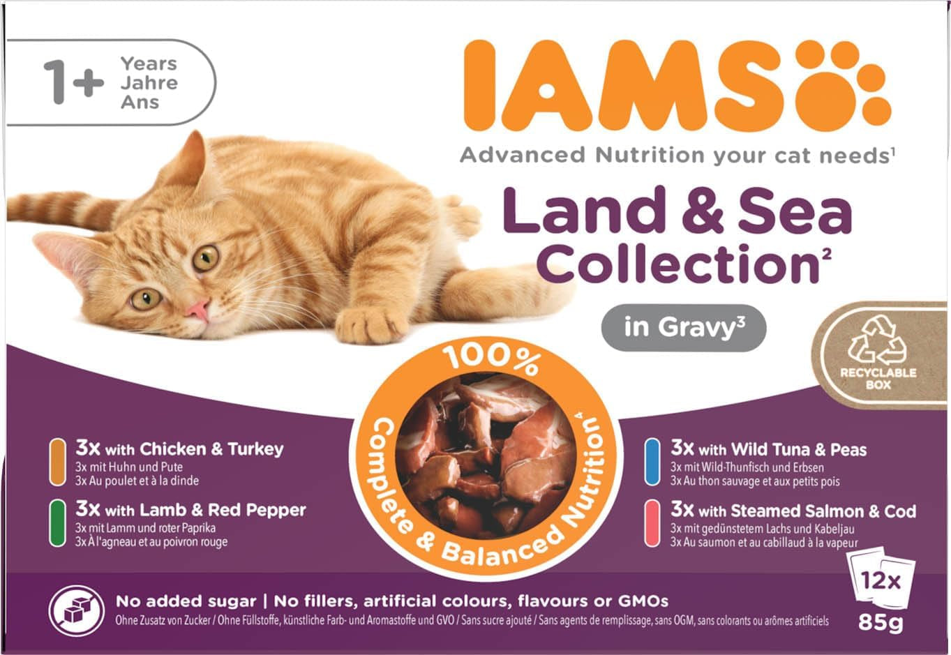 Mokré krmivo pro kočky IAMS Delights Land & Sea Collection - vícenásobné balení masa a ryb v omáčce, mokré krmivo pro kočky od 1 roku, 12 x 85 g