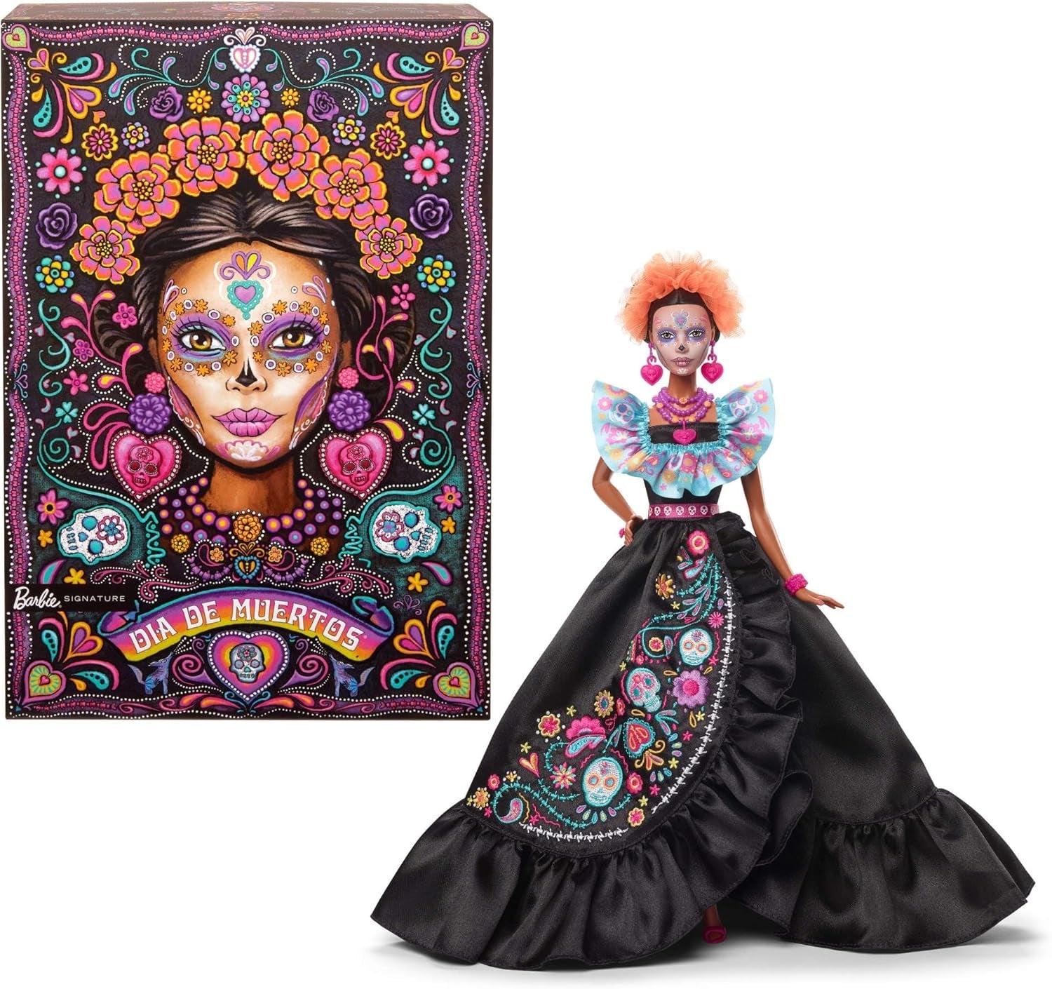Podpisová panenka Barbie, Sběratelská figurka Día De Muertos 2024 v černých šatech a modrém nařaseném topu, vyšívaný potisk a barevné doplňky, HRM72