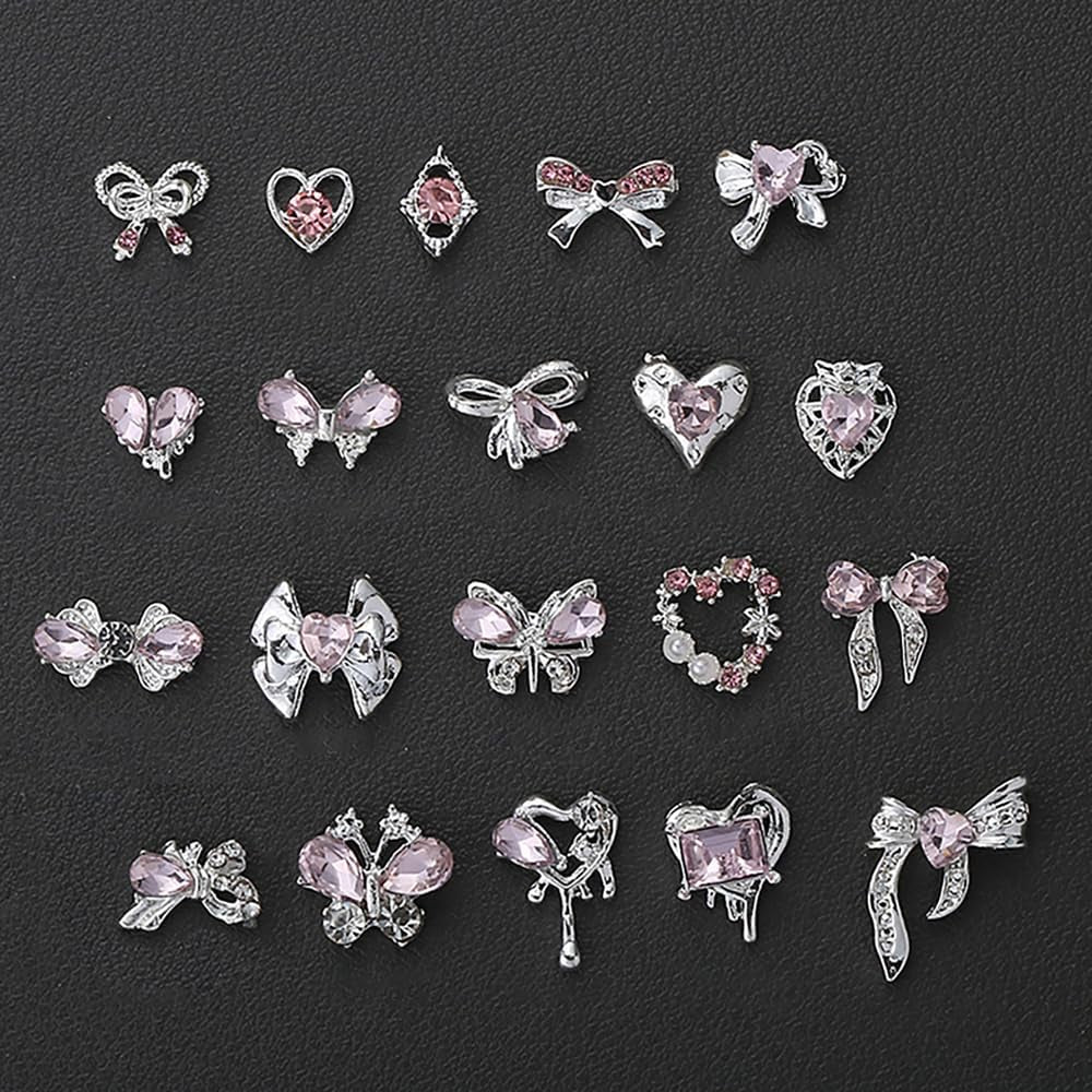 Luxus Rosa Diamant Nagel Charms 3D Butterfly Nail Art Charms Mašle na nehty Y2K Heart Charms Nägel Zubehör Schmetterling Herz Schleife Nageldesign Edelsteine ​​​​Strasssteine ​​Glitzersteine ​​​​Nagelschmuck