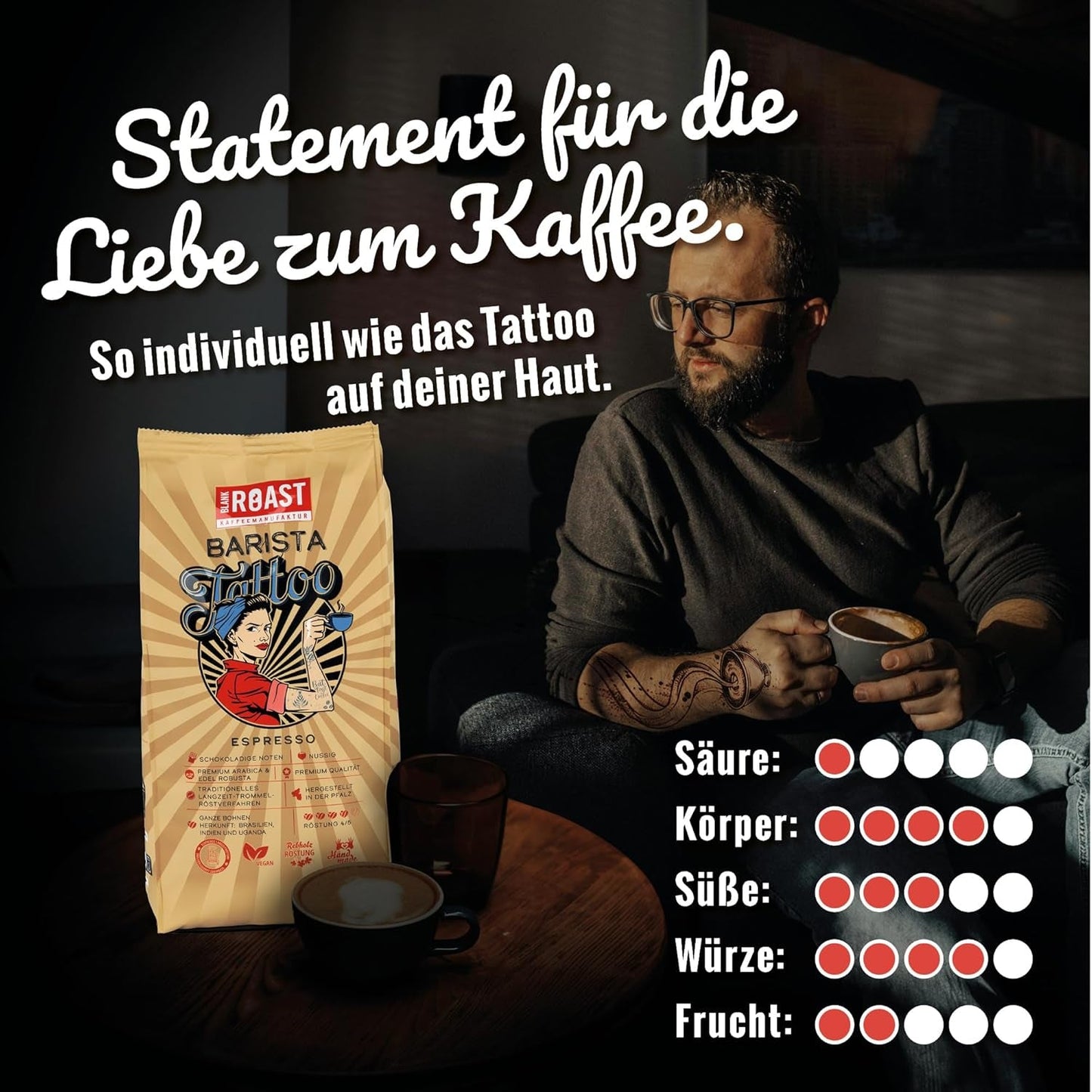 BLANK ROAST - Barista Tattoo Espresso - 1000 g - im Langzeit Trommel-Röstverfahren geröstet - Bohnen aus den besten Anbaugebieten - Premium Arabica & Edel Robusta - schokoladig & nussig - säurearm