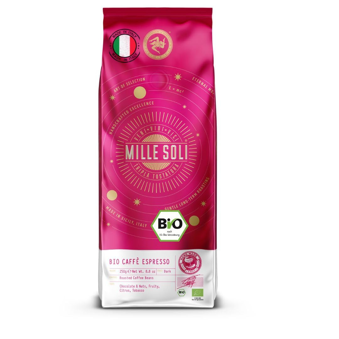 Caffè Organic Espresso Beans 250 g - 100% BIO - Praženo na Sicílii - Staletí stará ručně vyráběná metoda pražení - Prémiová zrna espressa pro plně automatické stroje a portafiltr