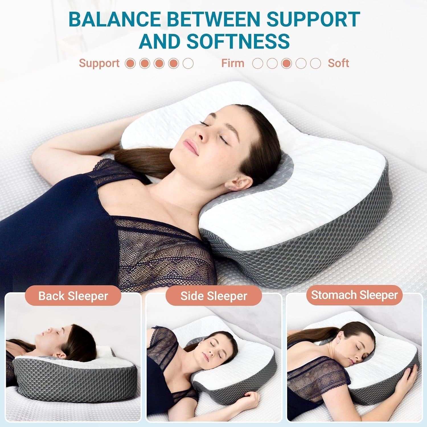 Elviros Memory Foam Ortopedický polštář Polštář proti bolesti krku Polštář na spaní Ergonomický Polštář na krk Polštář na podporu krku Polštář proti chrápání pro postranní spáče Žaludeční pražce Bílé Ortopedické polštáře na krk Naty Shop
