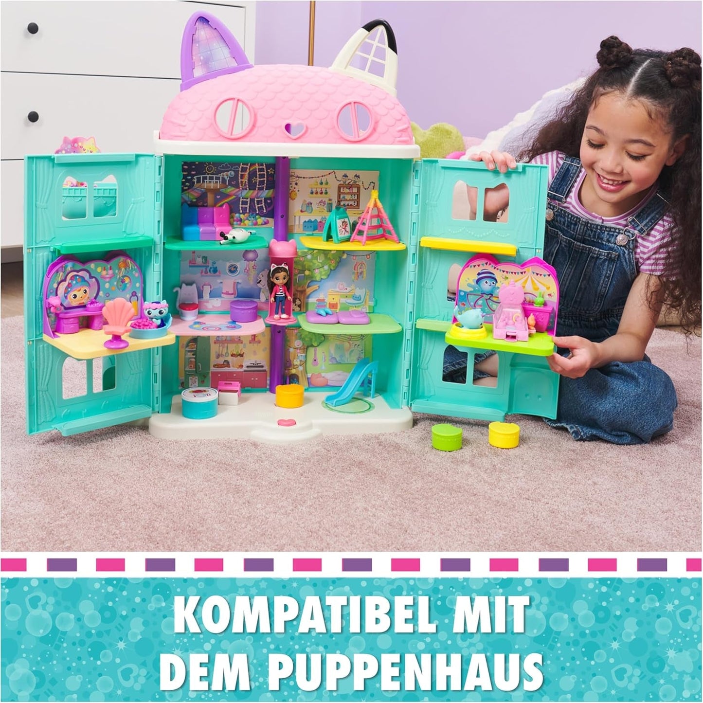 DREAMWORKS GABBY'S DOLLS HOUSE – herní sada pro pokojík Deluxe, místnost pro párty Kitty Narwhale, tématický nábytek a doplňky, věk 3+