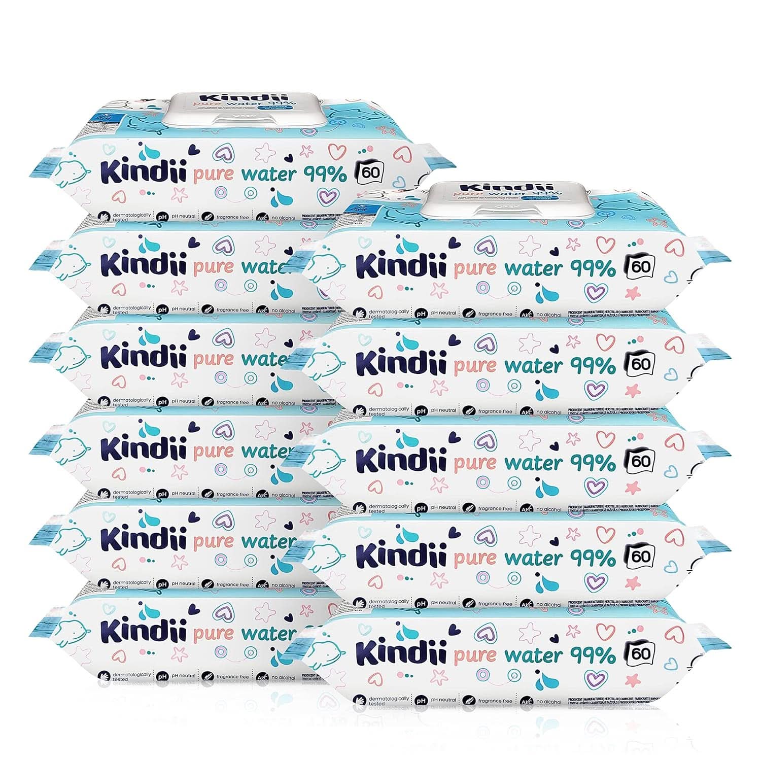 Kindii Feuchttücher Für Babies Und Kinder Čistá voda 99% - 99%Ige Zusammenzeit Auf Wasserbasis - Allantoin - Unparfümiert - Dermatologisch Getestet - Für Empfindliche Haut - 720 Stück - 12X60 Stück Naty Shop
