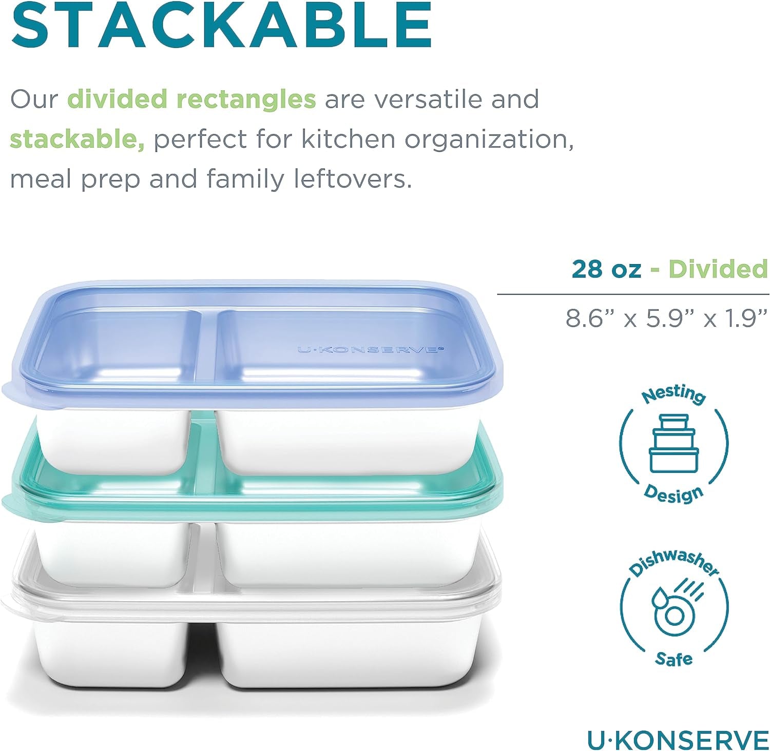 U Konserve - Dělená obdélníková dóza na potraviny z nerezové oceli se silikonovým víčkem - Island Teal - 28oz / 825ml krabičky na skladování potravin Naty Shop