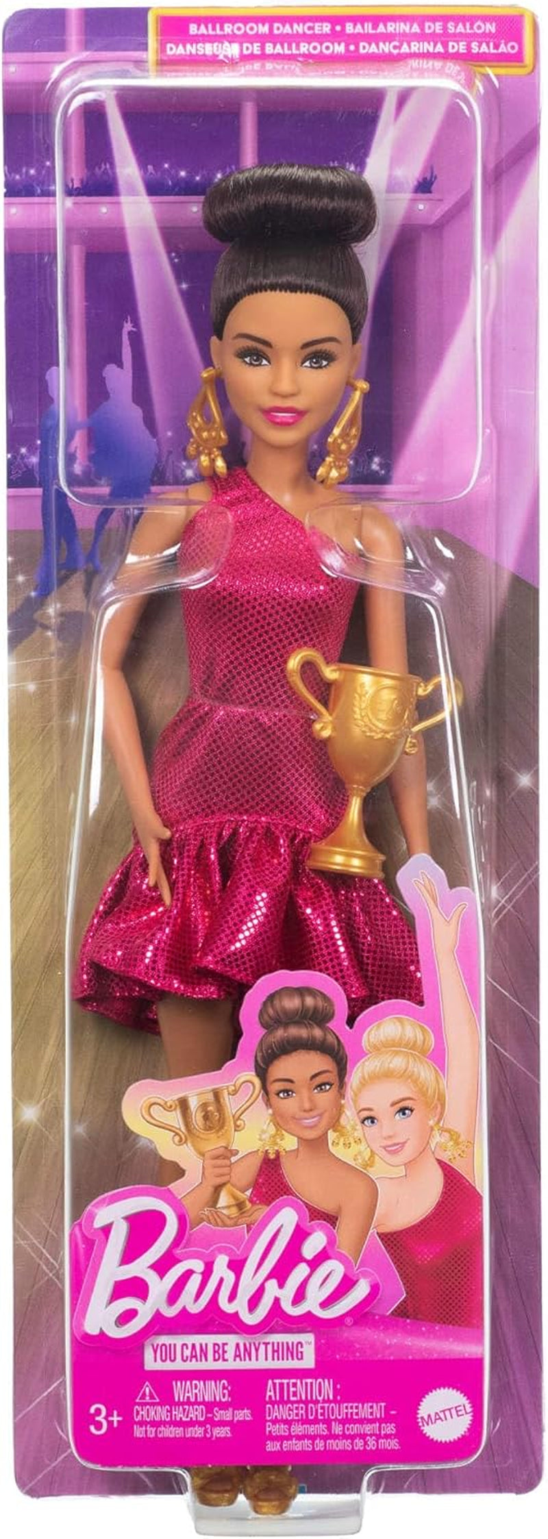 Panenka Barbie Tournament Dancer v červených volánkových šatech, tanečních botách, hnědých vlasech a příslušenství k taneční trofeji, JFR09