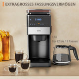 Espresso kávovar KRUPS Grind Aroma XL, odnímatelný kónický mlýnek, digitální ovládací panel, kapacita XL (1,5 l), funkce udržování teploty, skleněná karafa, černá/nerezová ocel, KM842810