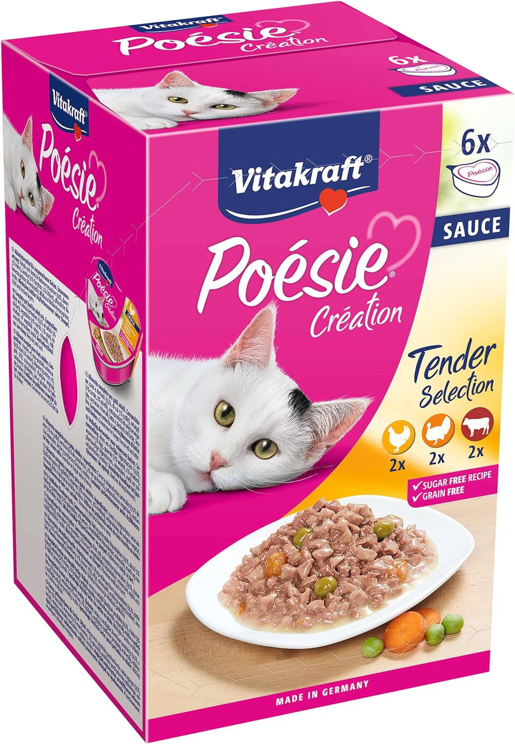Vitakraft Poésie Création, Tender Selection, Mokré krmivo pro kočky, Mokré krmivo pro kočky v omáčce, s kuřecím masem, s krůtím masem, s hovězím masem, bez přidaného cukru a cereálií (1 balení 6 x 85 g)