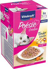 Vitakraft Poésie Création, Tender Selection, Mokré krmivo pro kočky, Mokré krmivo pro kočky v omáčce, s kuřecím masem, s krůtím masem, s hovězím masem, bez přidaného cukru a cereálií (1 balení 6 x 85 g)