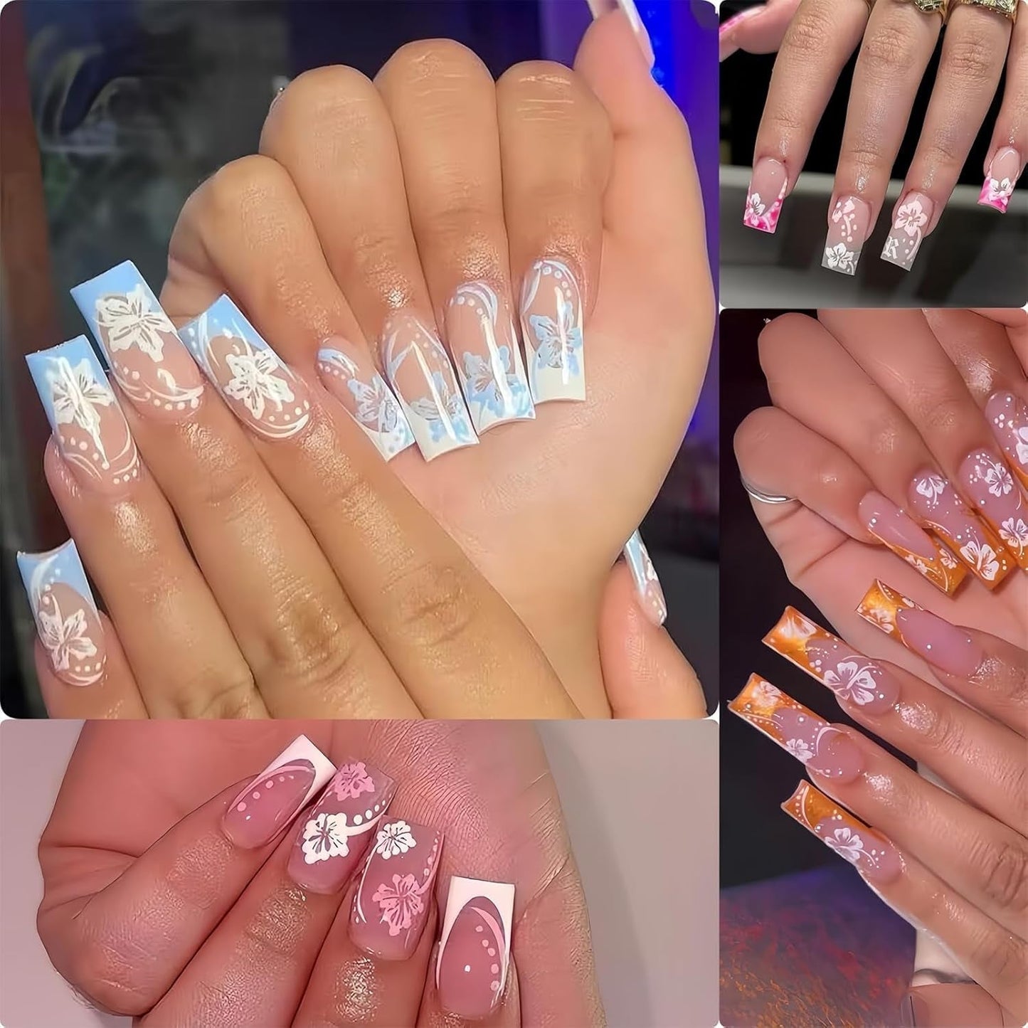 8 Stück Hibiskus Nagel Sticker, 3D Selbstklebende Blumen Nagelaufkleber, Weiß Rosa Gelb Magenta Summer Neonail Sticker, Nail Art Zubehör Nagel Deko Für Frauen