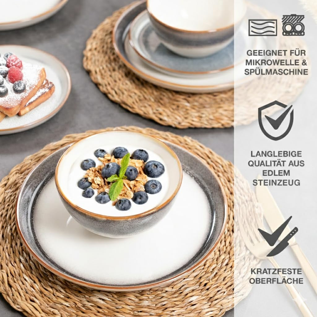 Moritz & Moritz TARENTO 24dílná sada nádobí pro 6, šedá - Elegantní vysoce kvalitní sada kameninových talířů - Sada nádobí obsahuje 6 talířů, 6 dezertních talířů, 6 talířů a 6 šálků