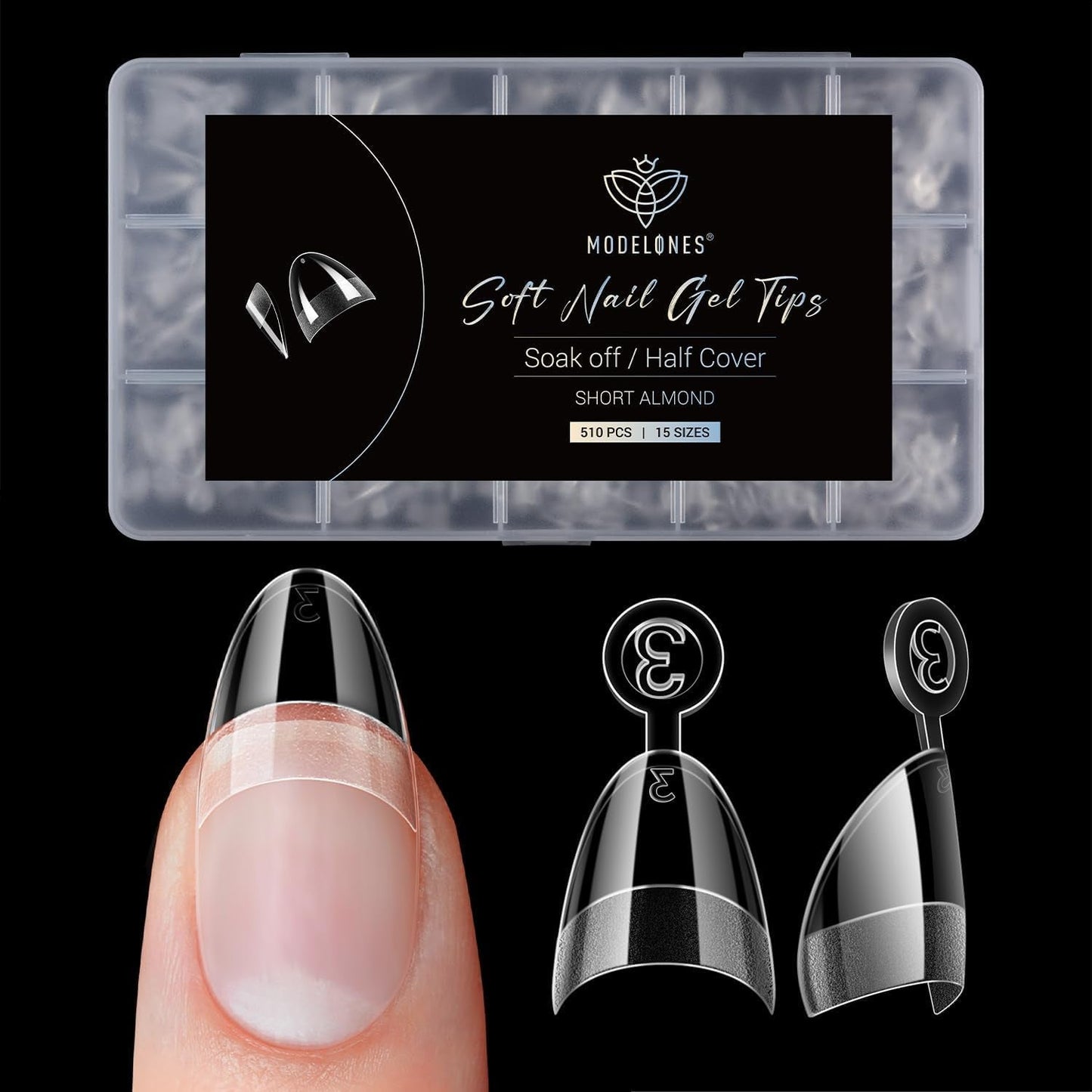 Modelones Nail Tips 510 kusů – sada nehtových špiček s úplným krytem, ​​sada gelových špiček, předleštění špiček na nehty s PMMA pryskyřicí, umělé nehty pro lepení nail art DIY, krátký squoval
